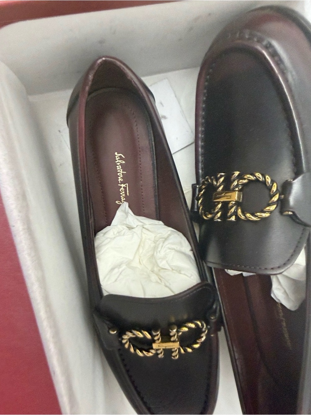 Salvatore Ferragamo women Burgundy Leather Loafers with Gold Hardware